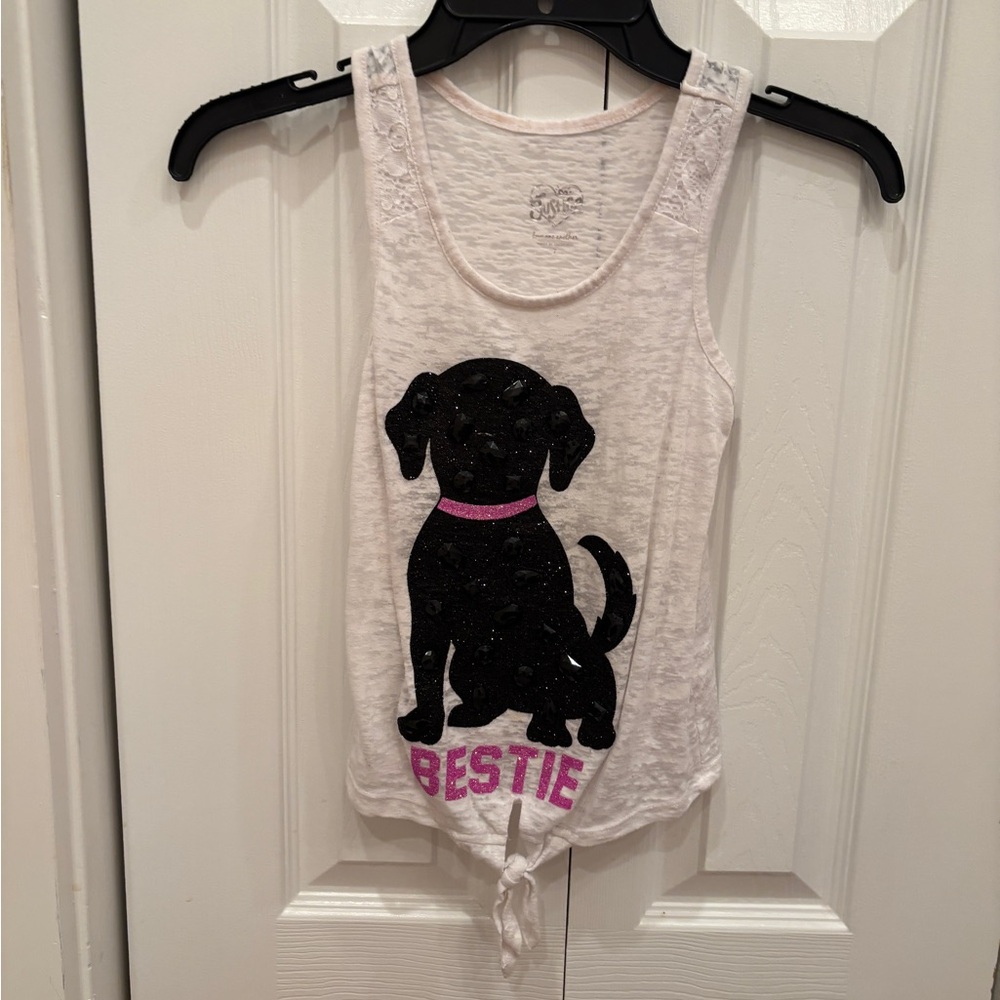 Justice White Tank Top with Black Dog and Pink Accents